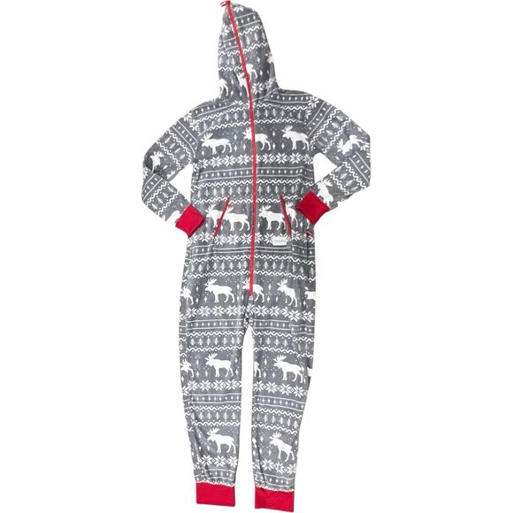 Tipsy Elves One-Piece Adult L Grey Fair Isle Reindeer Hooded Christmas Pajamas - Picture 2 of 11